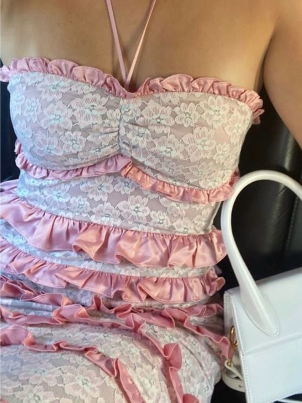 MAJORELLE Pink Lace Ruffle Strapless Chemise size small